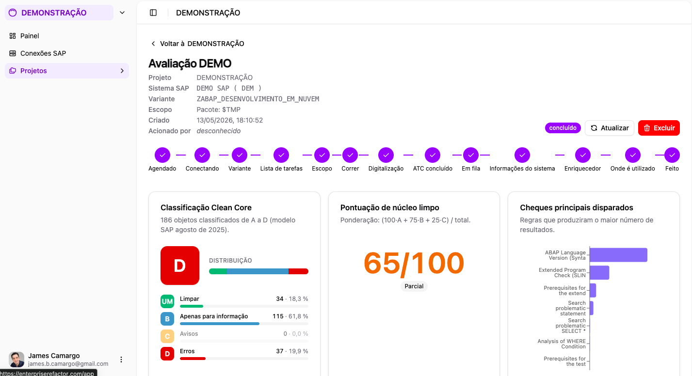 Tela de avaliação Clean Core do Enterprise Refactor: pontuação 65/100, distribuição A–D dos 186 objetos analisados e checks principais.